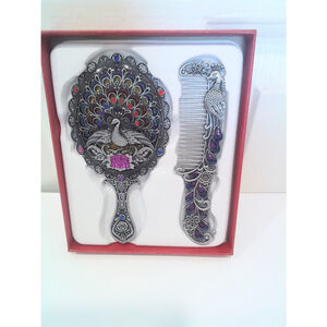 Vintage Peacock Shaped Mirror And Hair Brush Set Style O